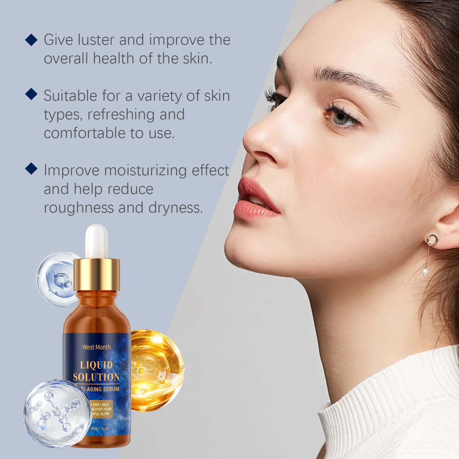 Firming Facial Serum, smooths pores, hydrates.