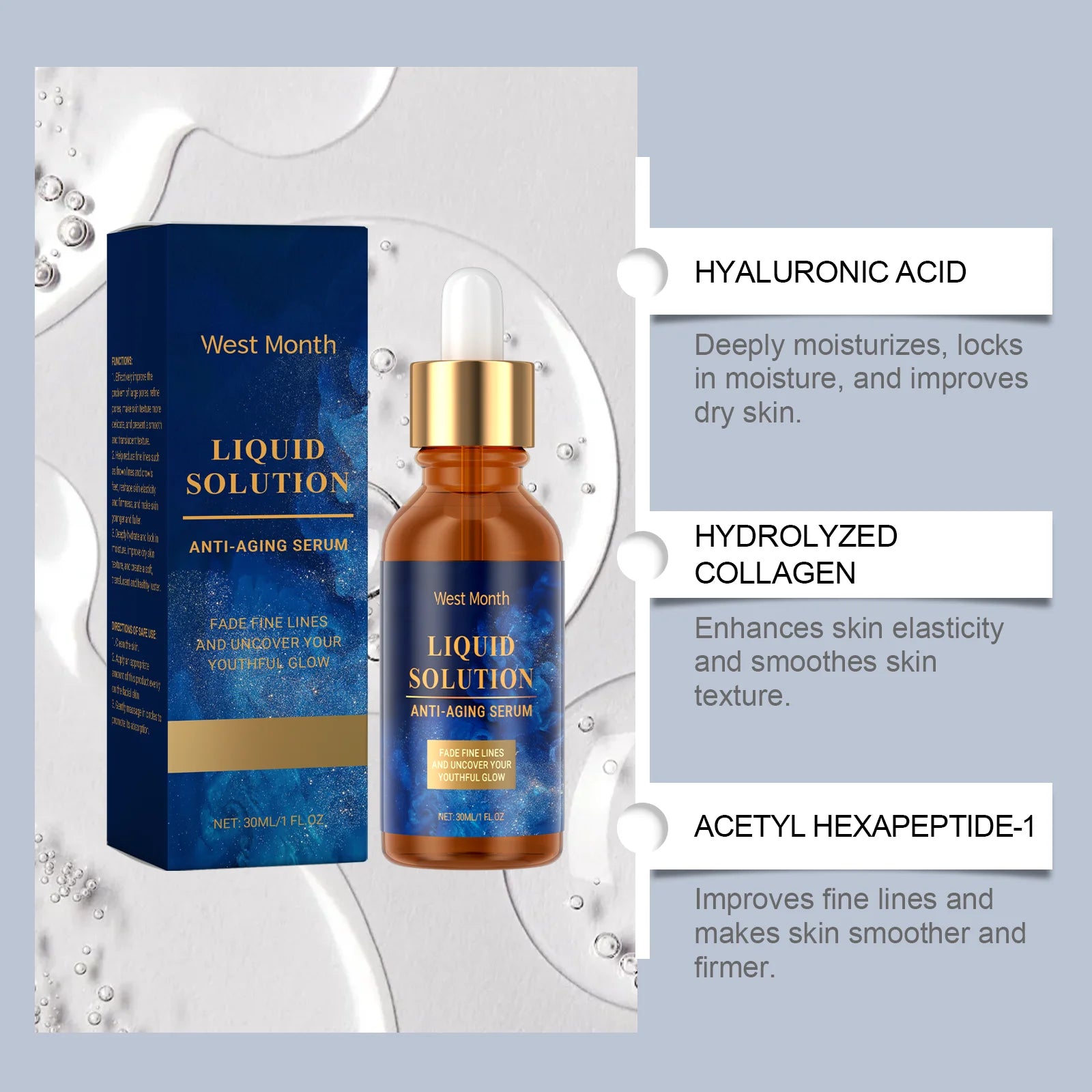 Firming Facial Serum, smooths pores, hydrates.
